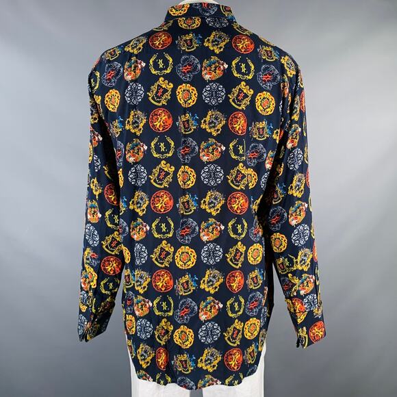 BILLIONAIRE COUTURE Size XL Navy Multi-Color Print Silk Long Sleeve Shirt - Picture 4 of 5